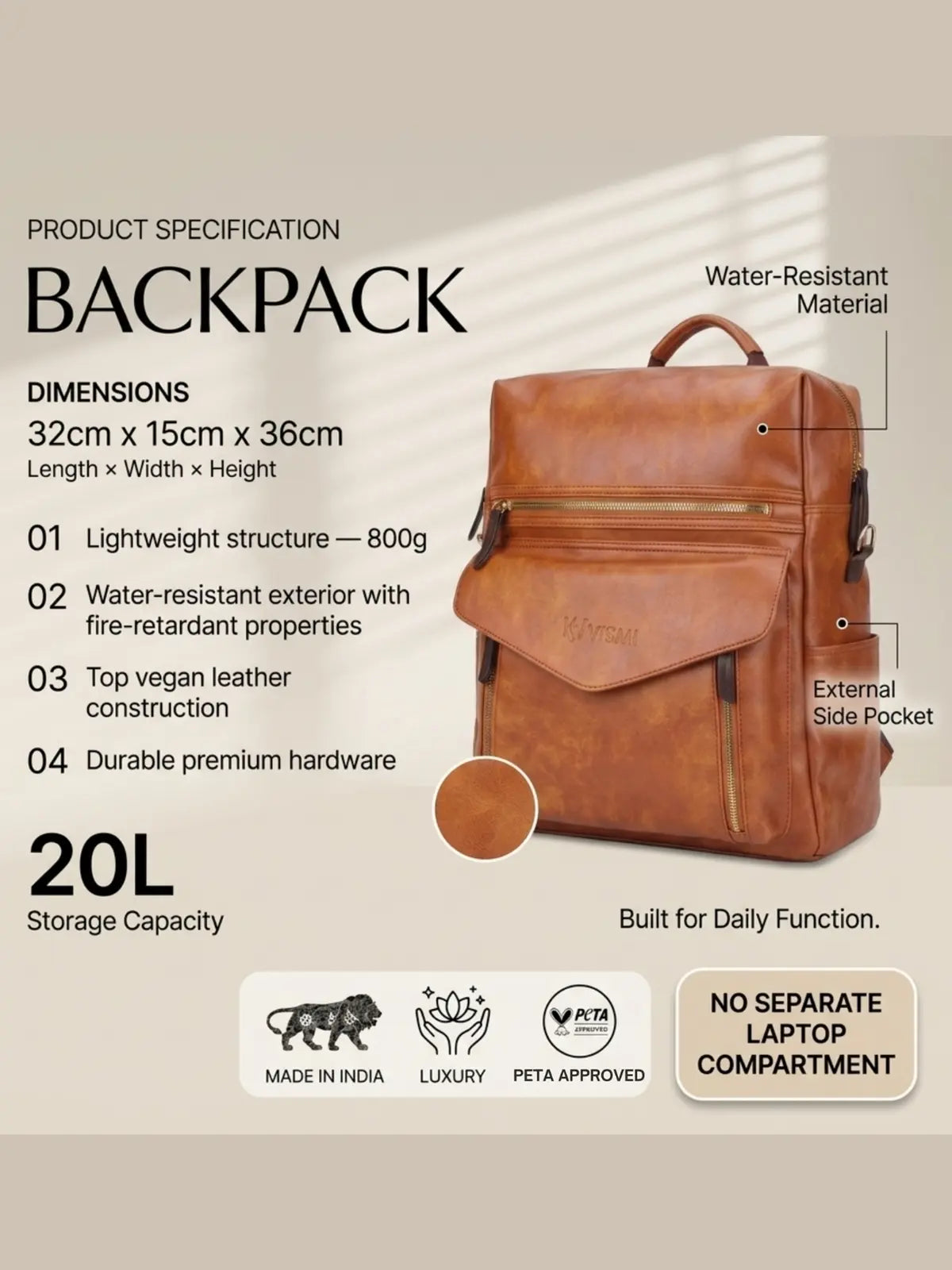 Timeless Shine Women Backpack - Tan