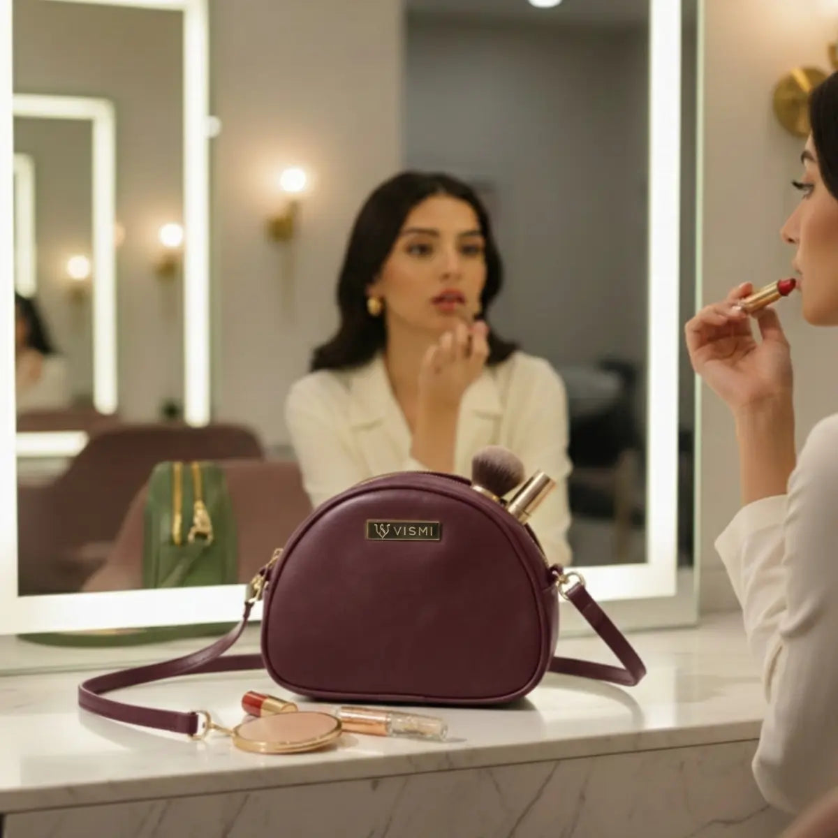 Women’s vegan leather crossbody sling bag with an adjustable strap and zippered compartments