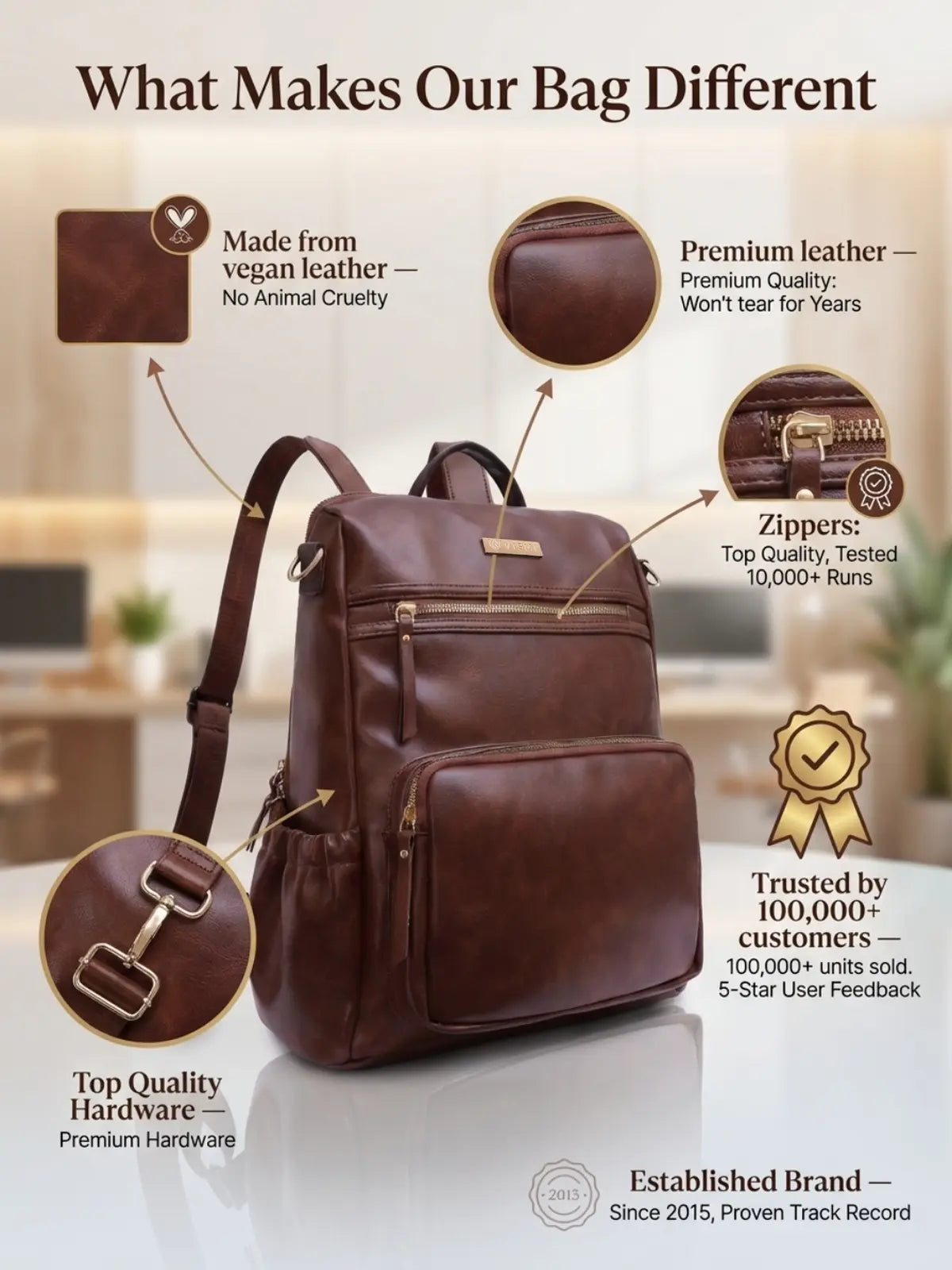 Timeless Diva Women Laptop Backpack - Coffee Brown