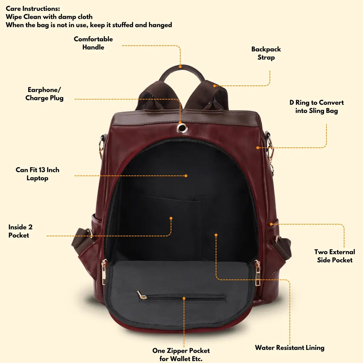 Timeless Aura Women Backpack Handbag - Wine