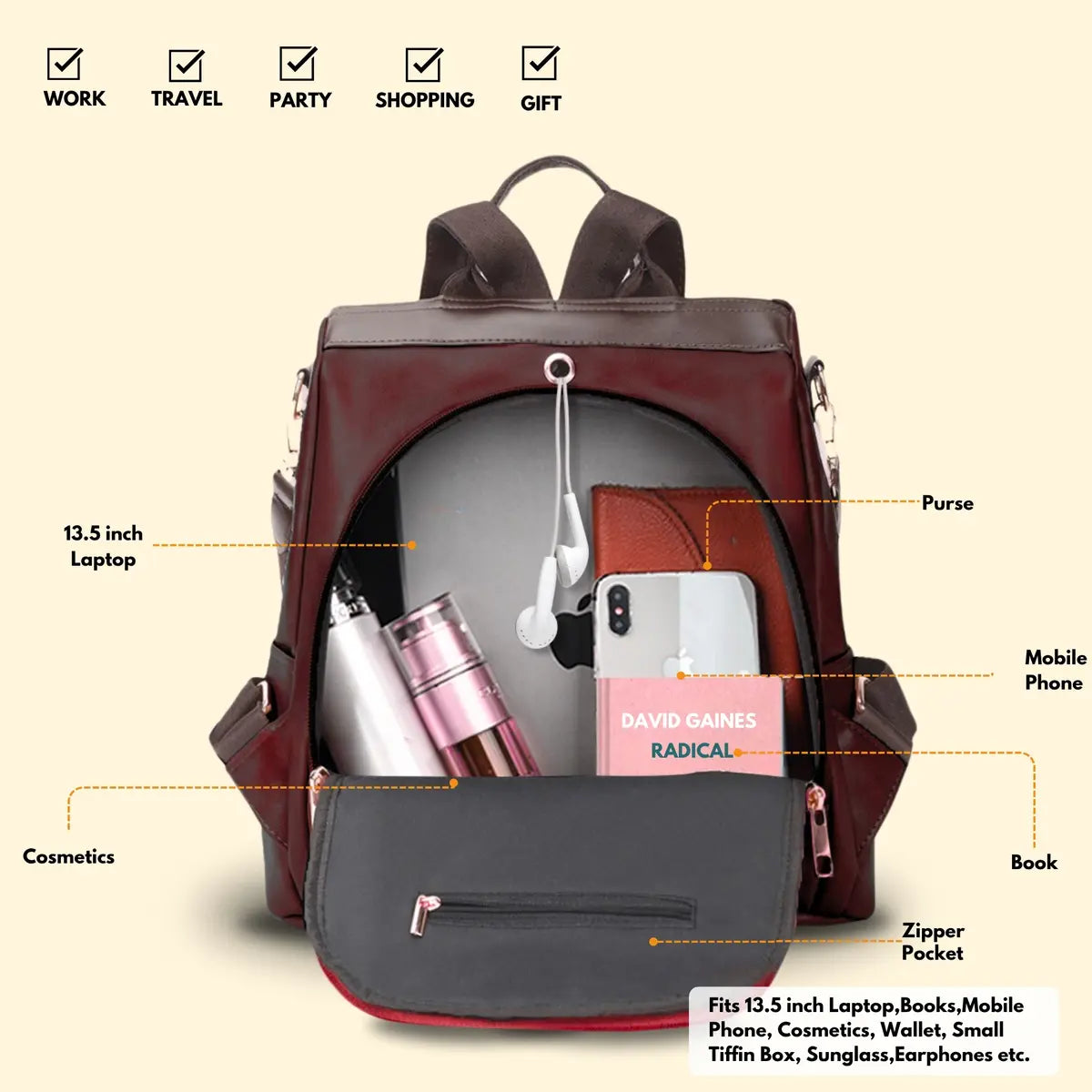 Timeless Aura Women Backpack Handbag - Wine
