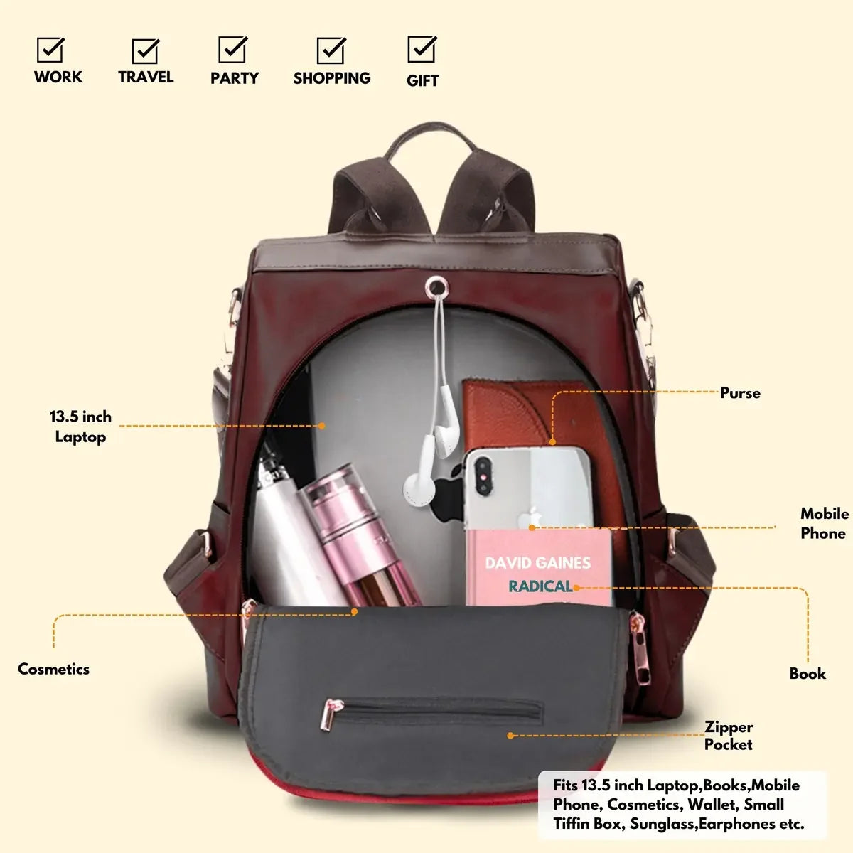 Timeless Aura Women Backpack Handbag - Wine