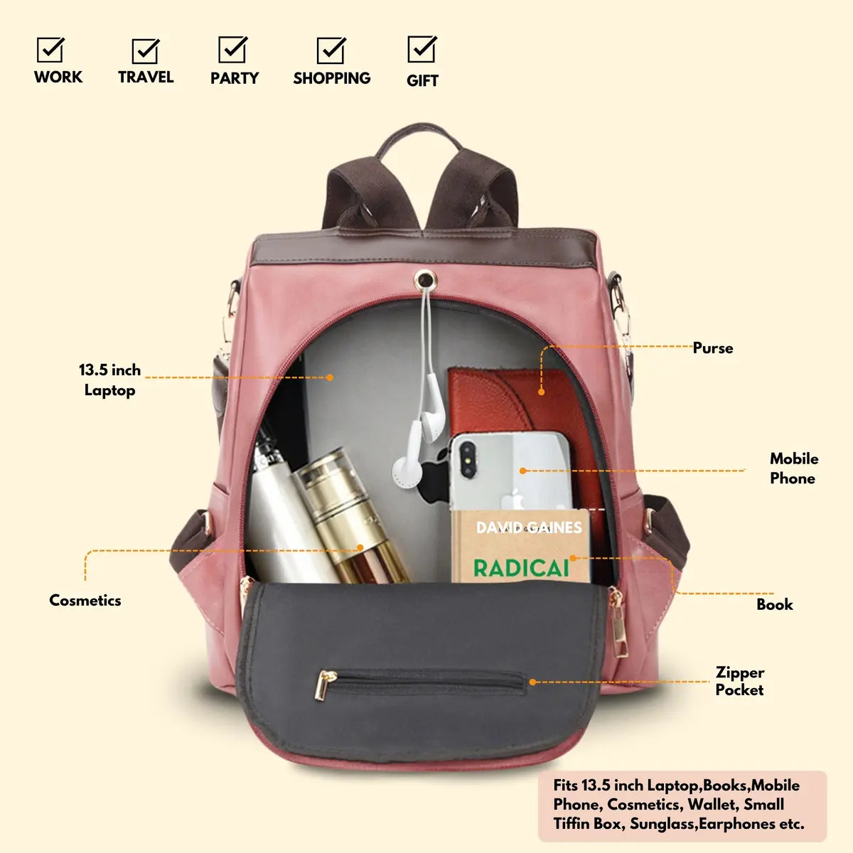 Timeless Aura Women Backpack Handbag - Blush Pink