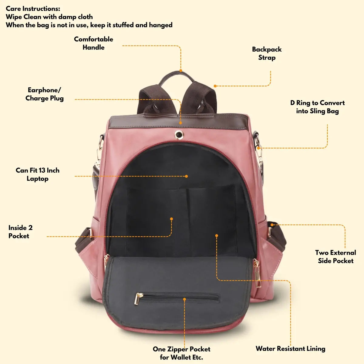 Timeless Aura Women Backpack Handbag - Blush Pink