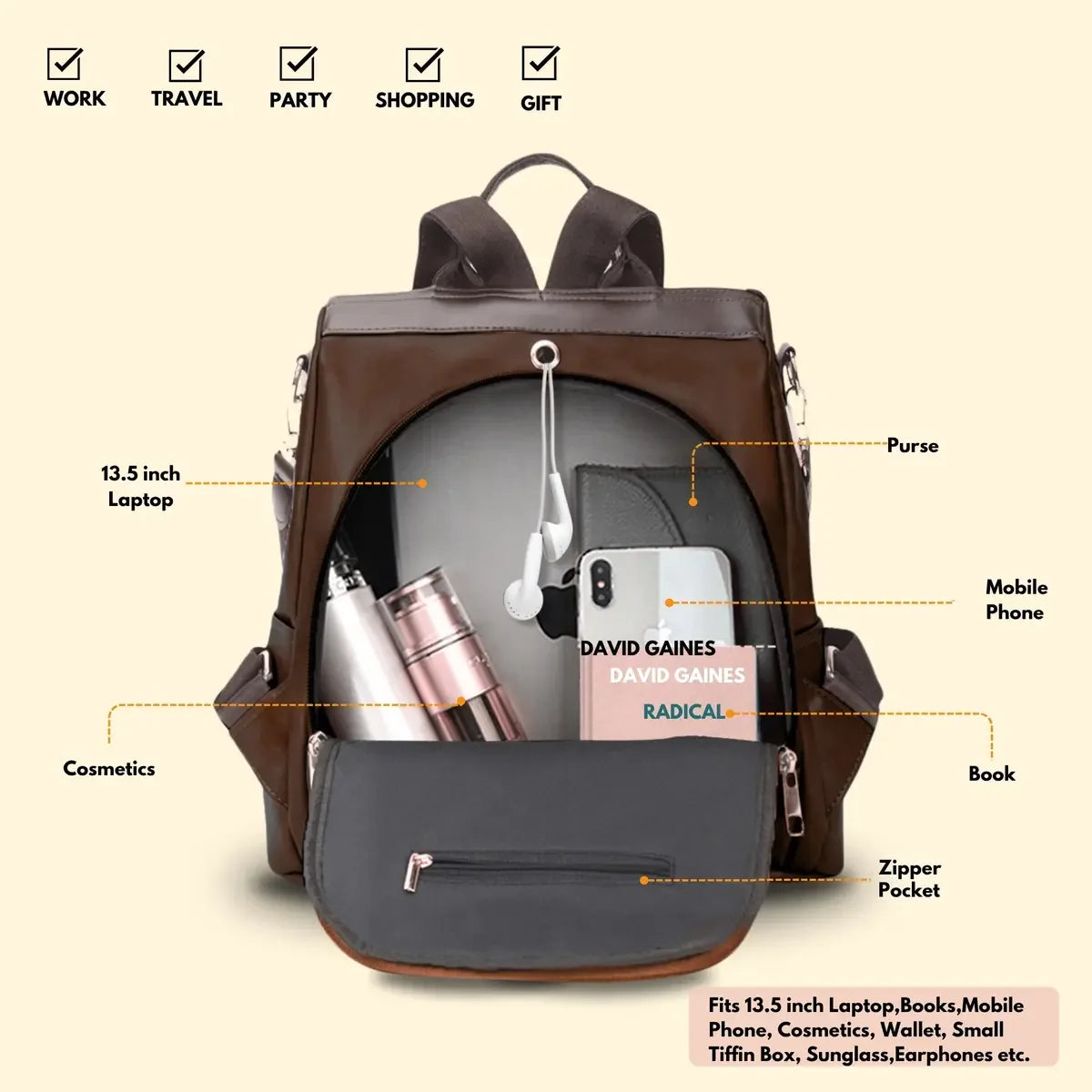 Timeless Aura Women Backpack Handbag - Coffee Brown