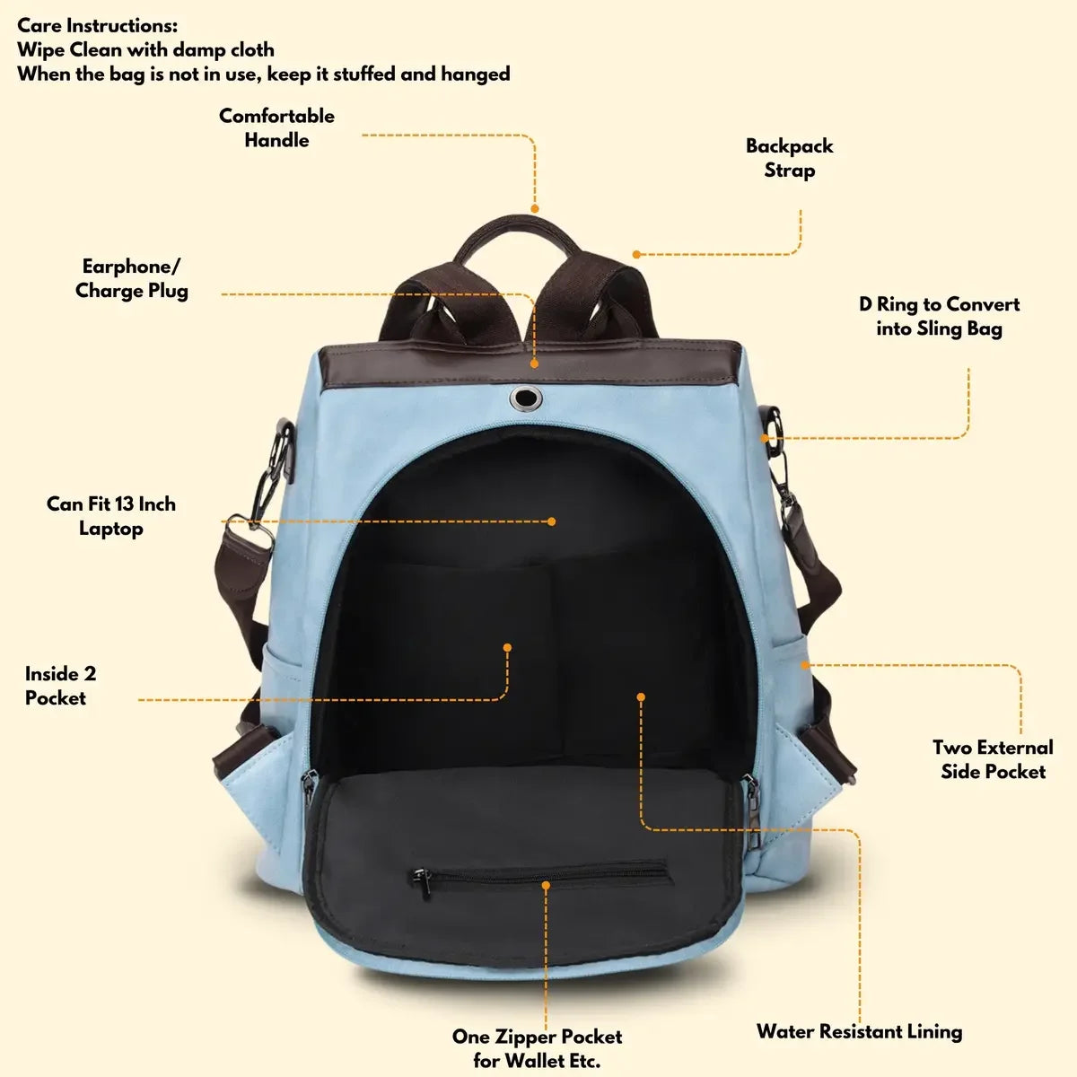 Timeless Aura Women Backpack Handbag - Sky Blue