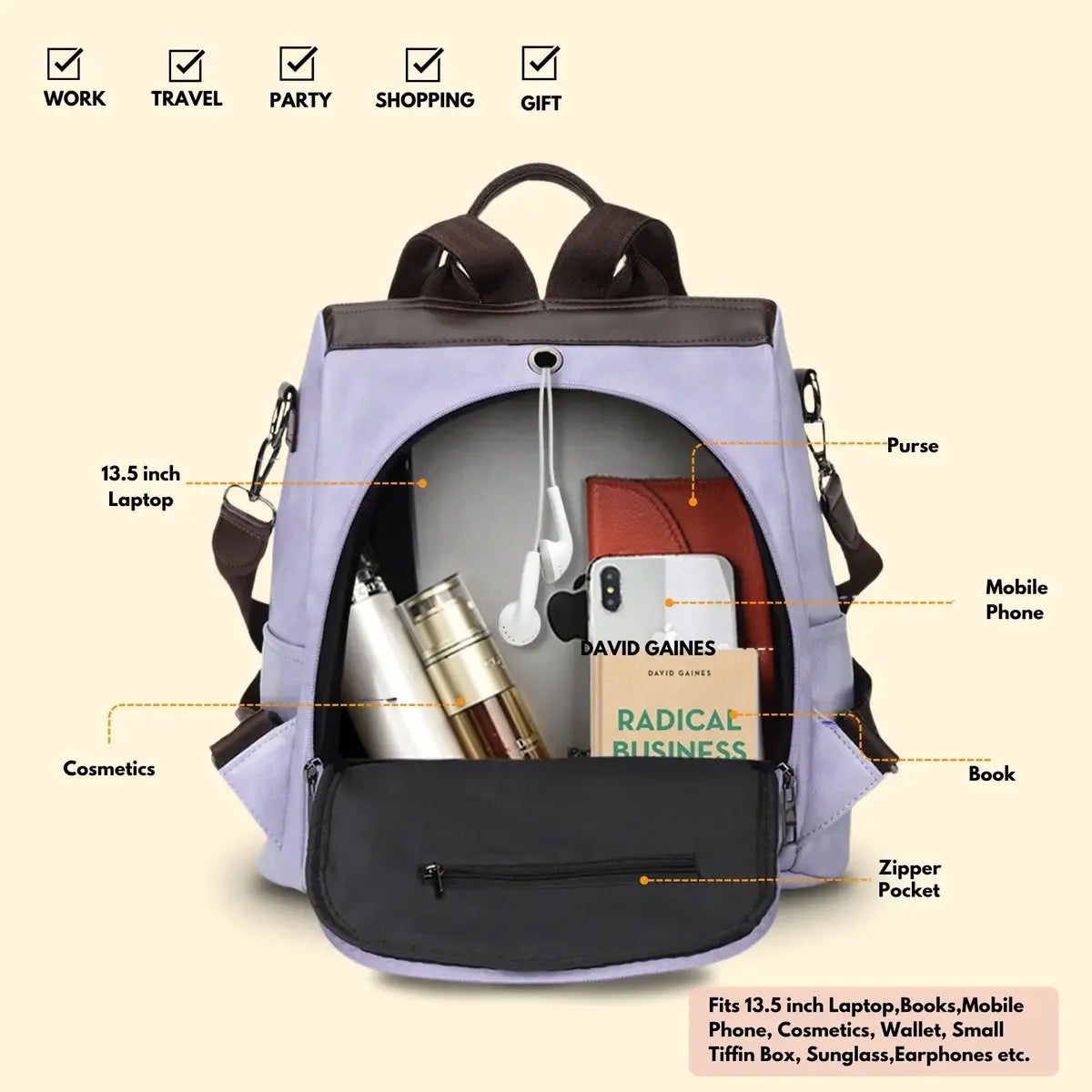 Timeless Aura Women Backpack Handbag - Lavender