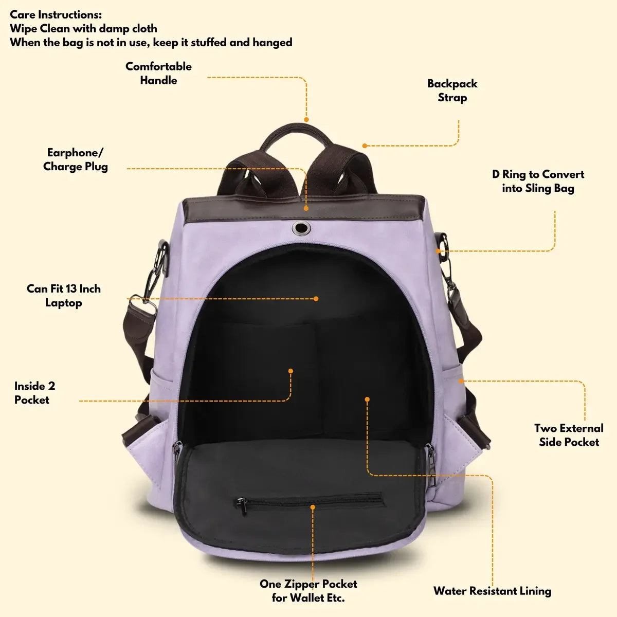 Timeless Aura Women Backpack Handbag - Lavender