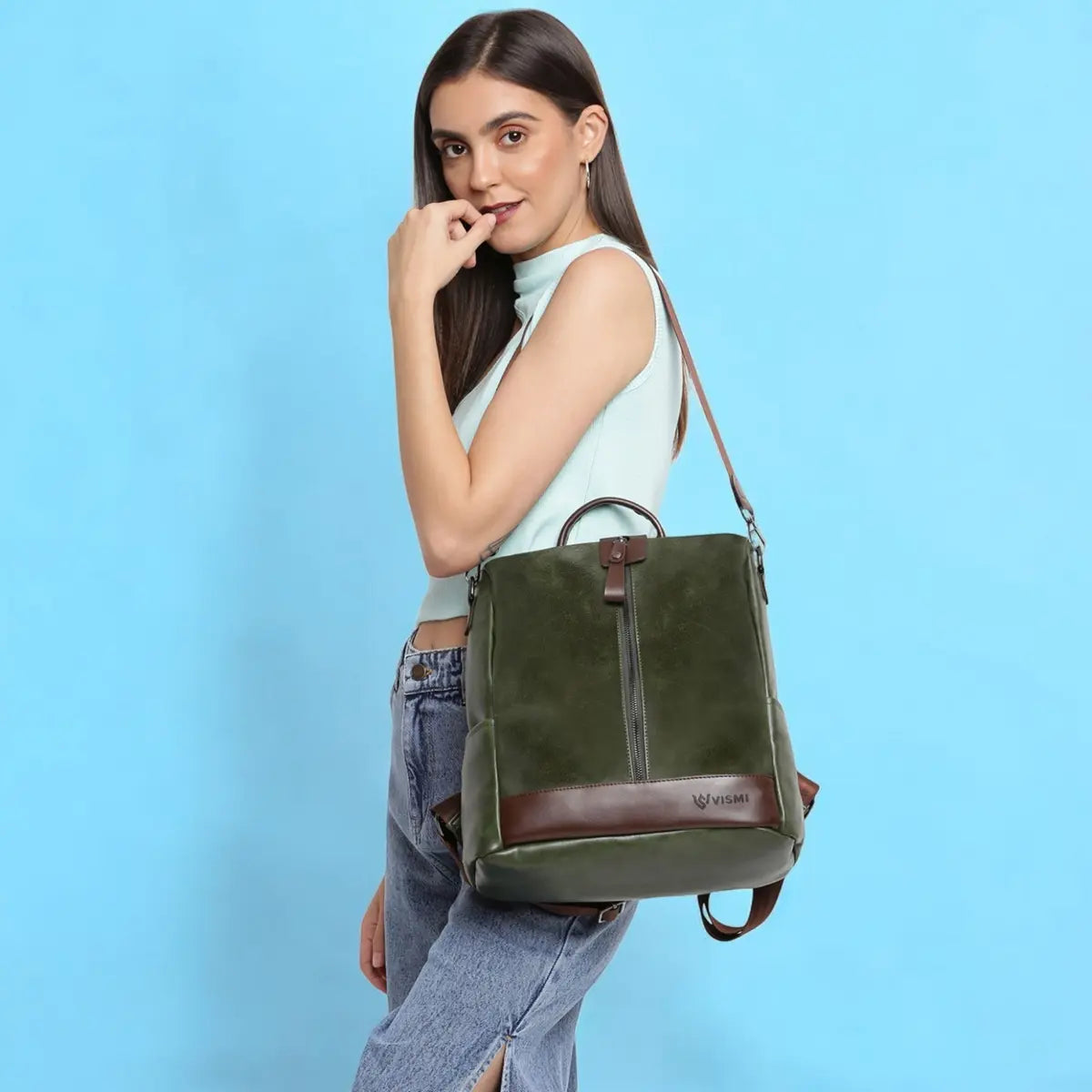 Timeless Aura Women Backpack Handbag - Olive Green