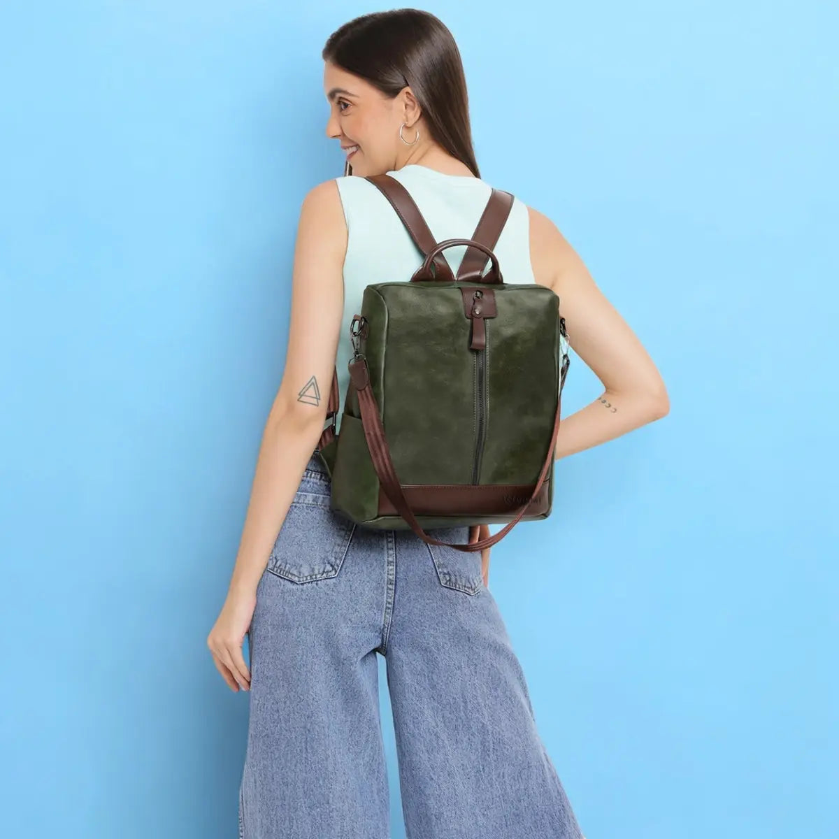 Timeless Aura Women Backpack Handbag - Olive Green