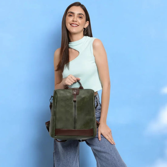 Elegant-Olive-Green-Women-Backpack-Handbag–Timeless-Aura-Multi-Purpose-Bag