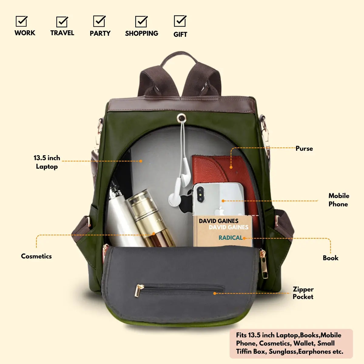 Timeless Aura Women Backpack Handbag - Olive Green