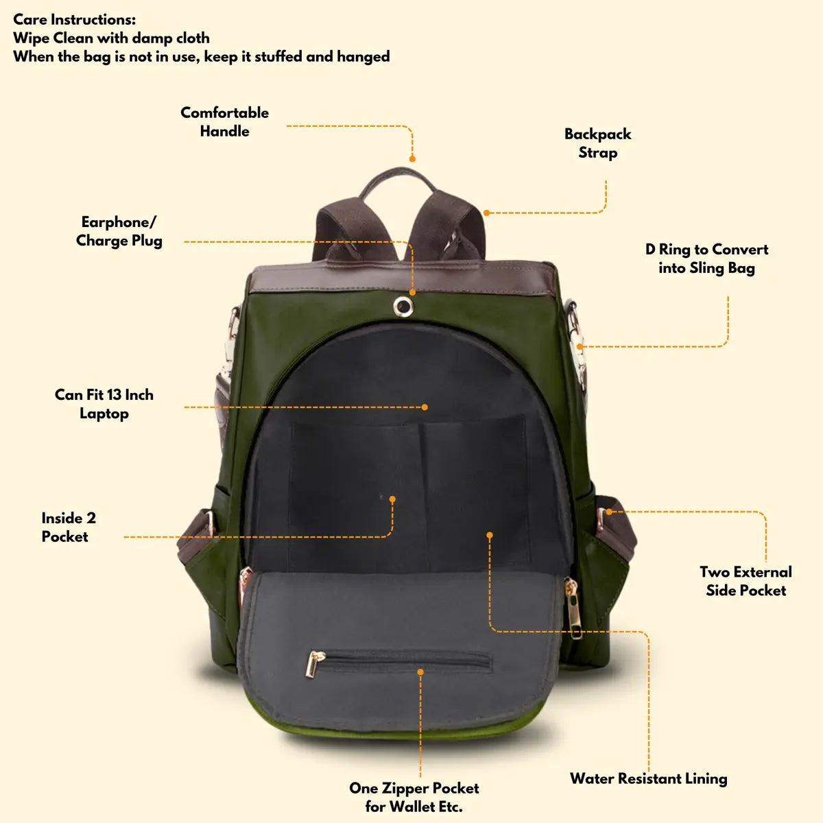 Timeless Aura Women Backpack Handbag - Olive Green