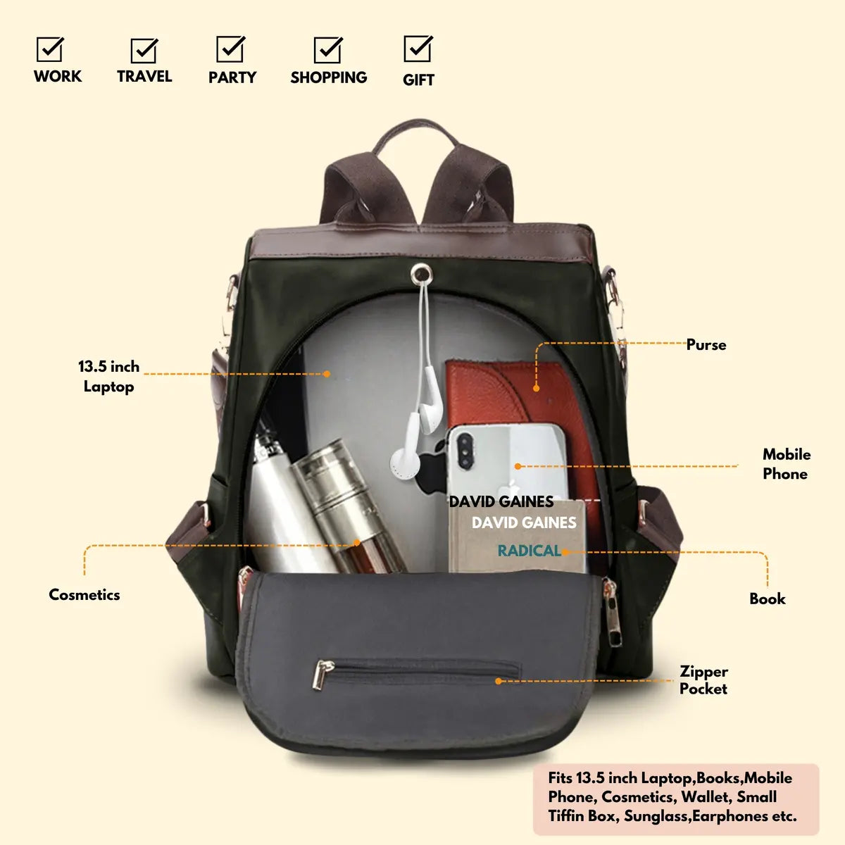 Timeless Aura Women Backpack Handbag - Black