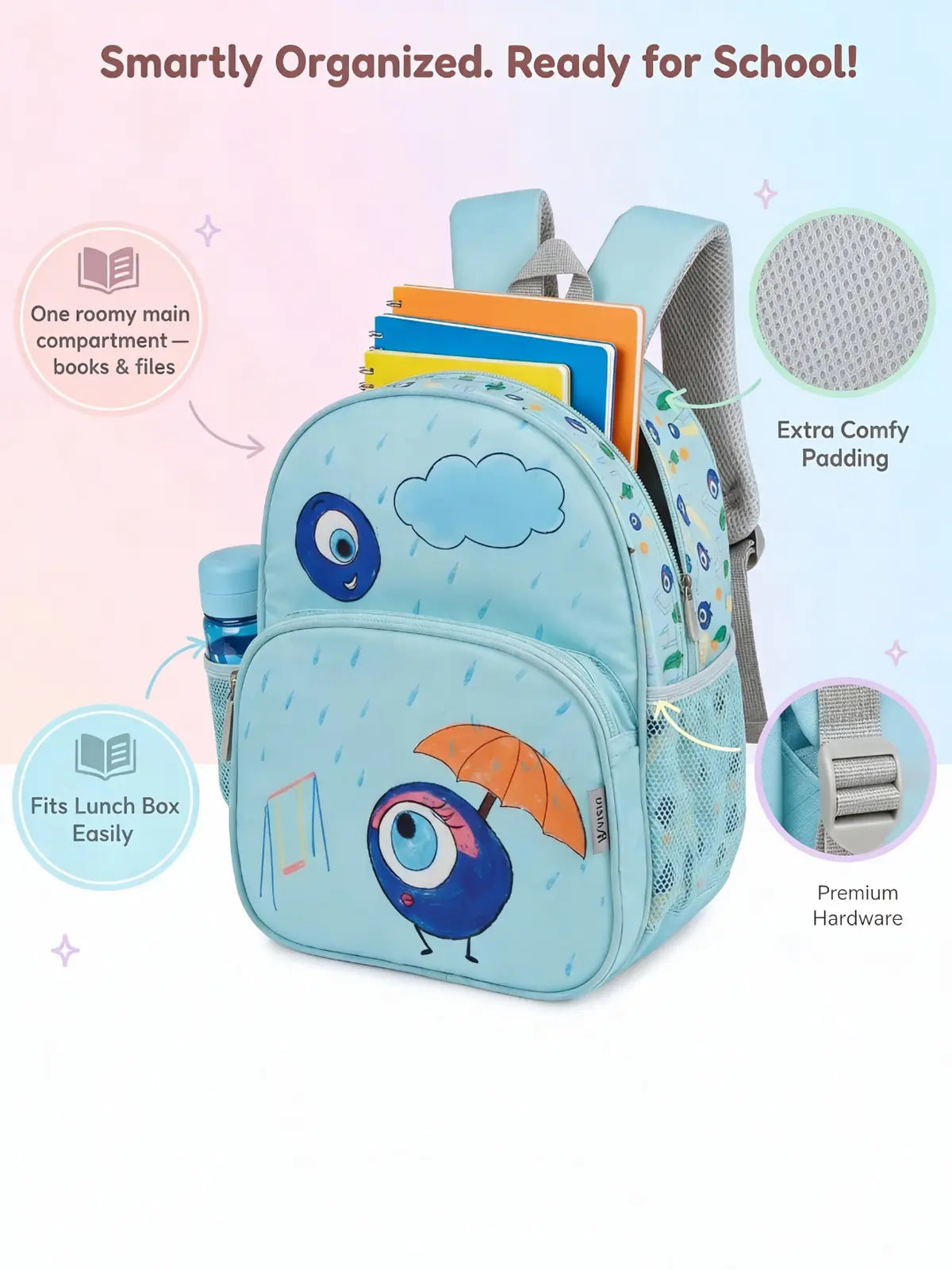 Cute girls school bag with cartoon print and zipper pockets