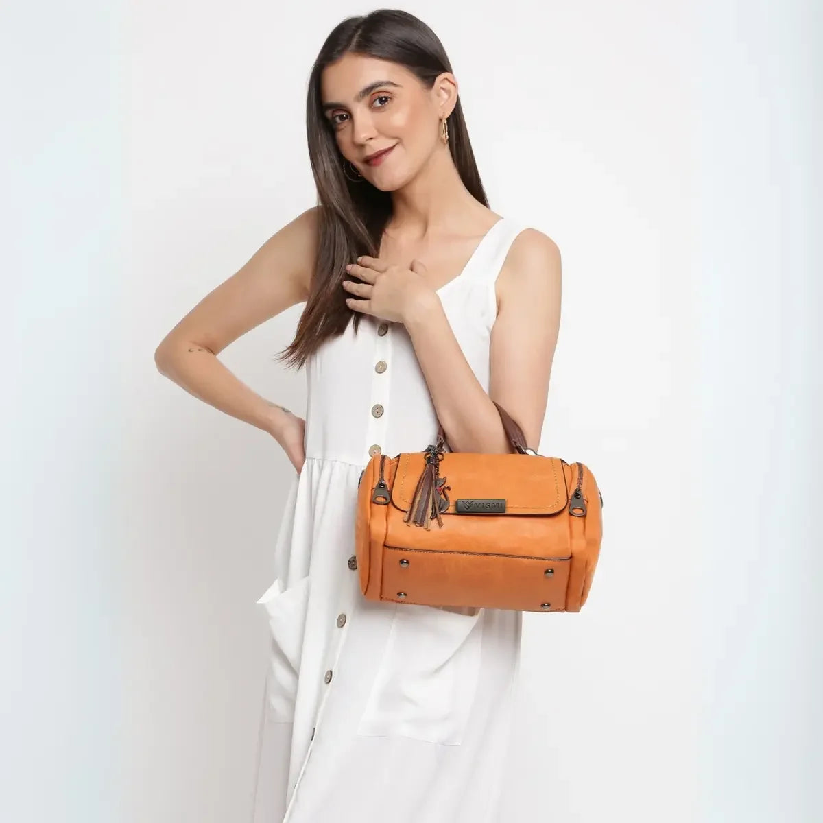 Timeless Mystique Satchel Handbag Tan Stylish Front View