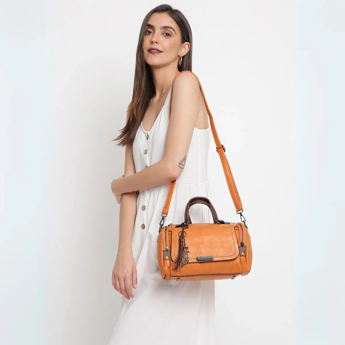 Timeless Mystique Satchel Handbag Tan Side Profile and Details