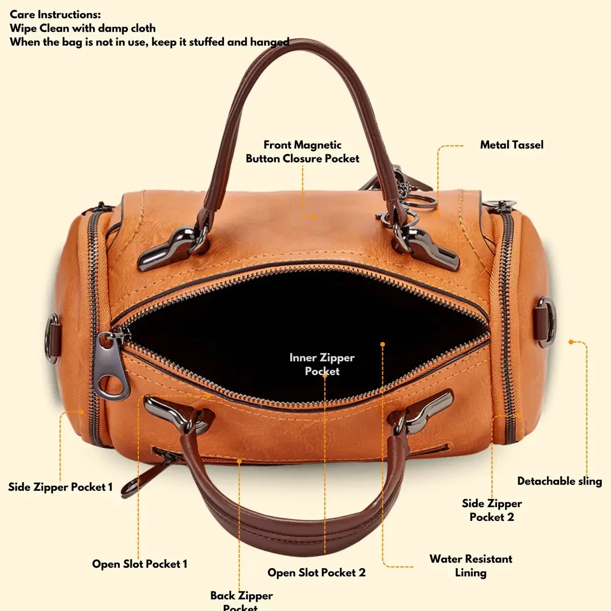 Timeless Mystique Satchel Handbag Tan Spacious Interior View