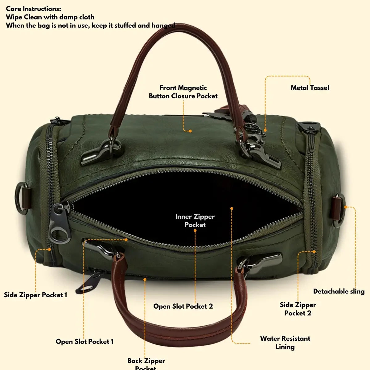 Timeless Mystique Satchel Handbag Olive Green Open View
