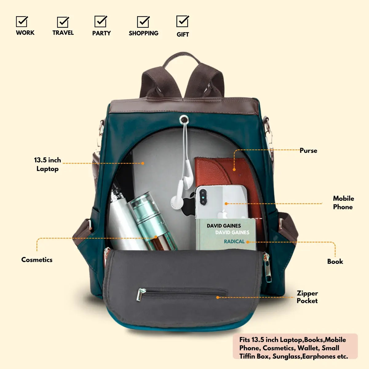 Timeless Aura Women Backpack Handbag - Teal Blue