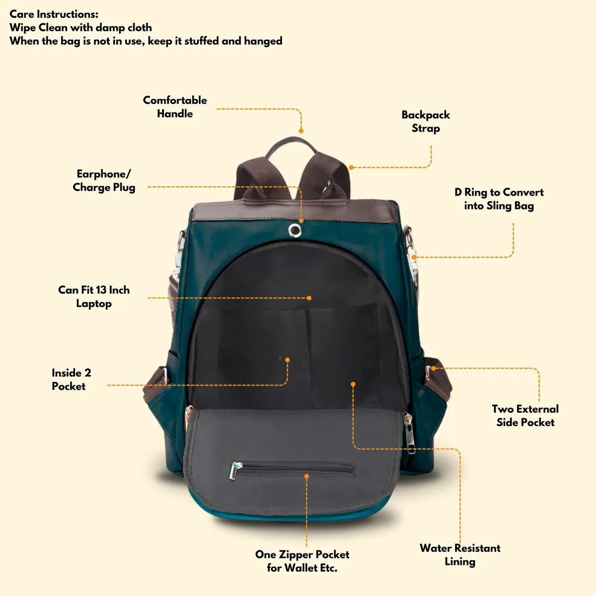 Timeless Aura Women Backpack Handbag - Teal Blue
