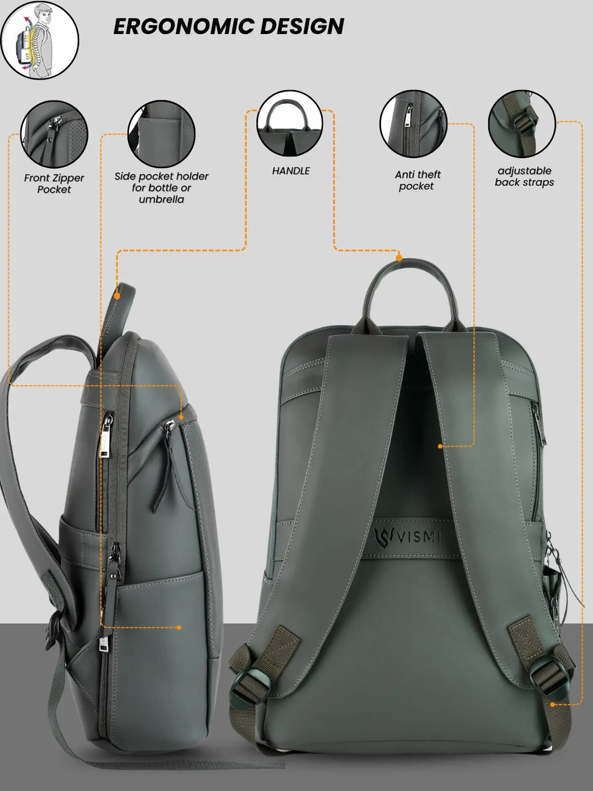 VISMIINTREND Executive Laptop Backpack - Grey
