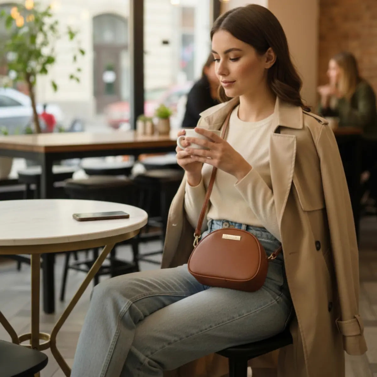 Women’s crossbody sling bag made from premium vegan leather with a sleek modern design.