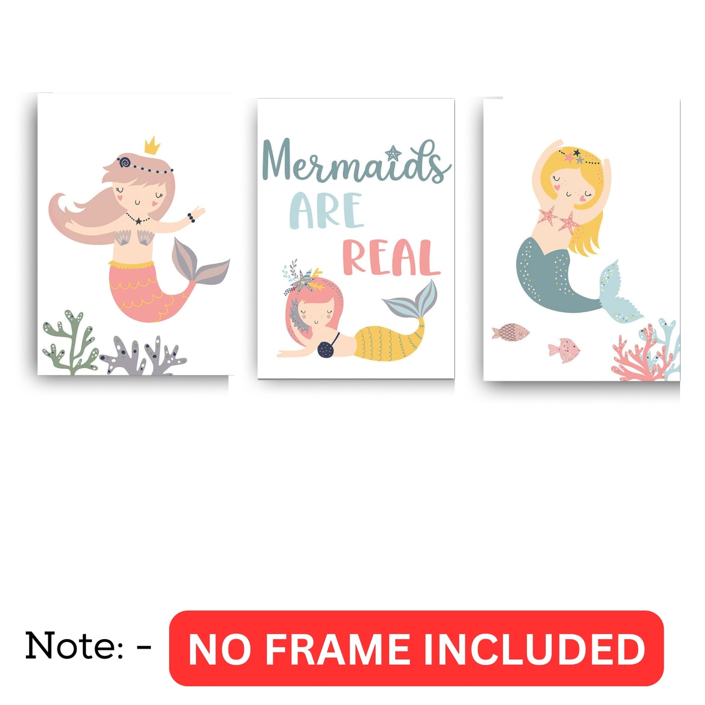 Mermaid Wall Art Set – 3 Unframed Canvas Prints
