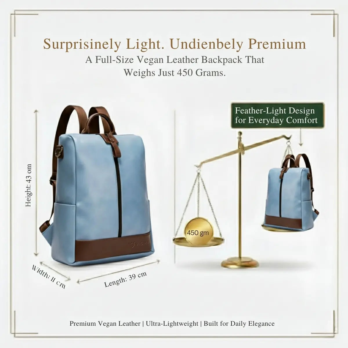 Light blue vegan leather backpack with brown accents, displayed on a scale showing weight and with dimensions indicated.
