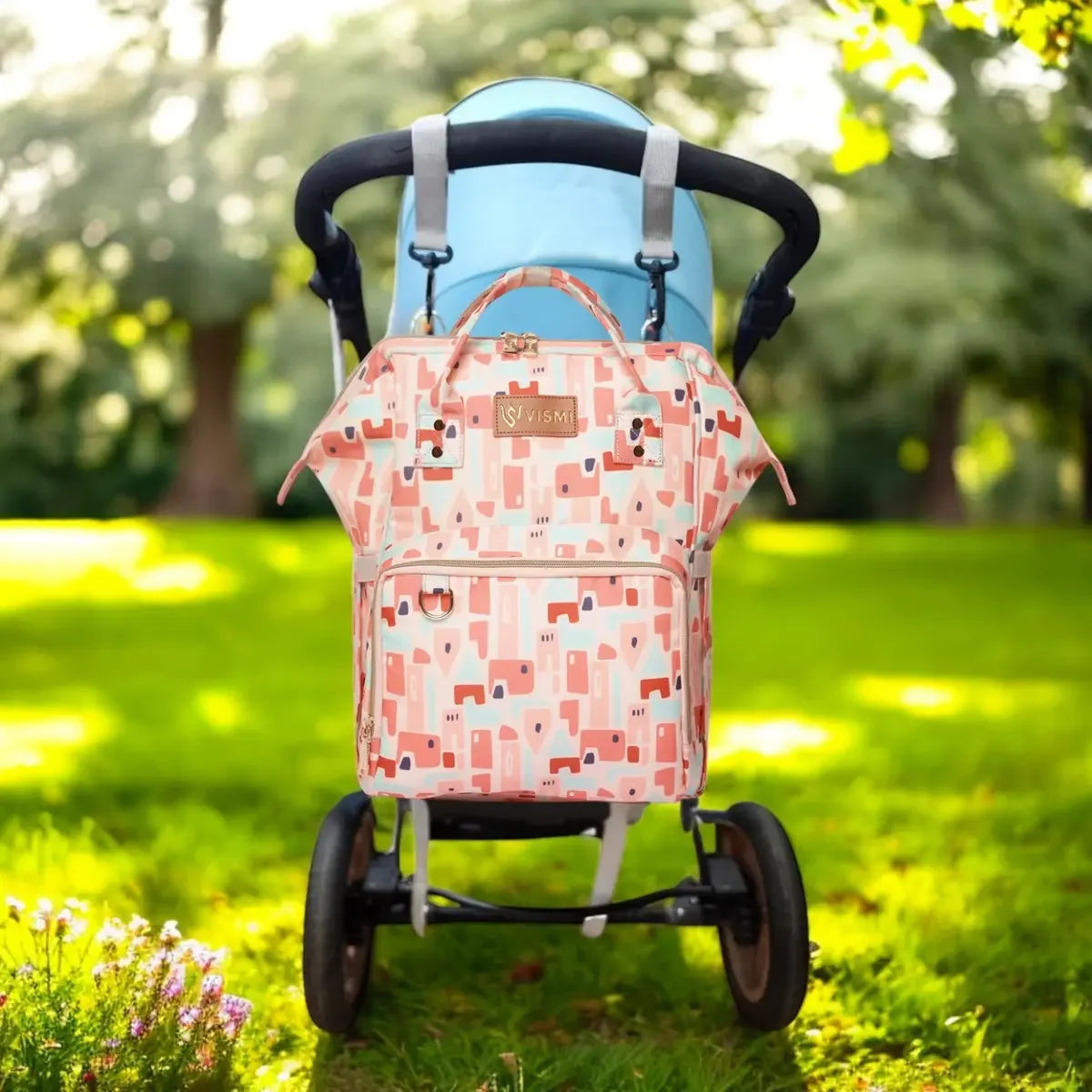 Stylish-Geometric-Pink-Diaper-Bag-Backpack-for-Moms