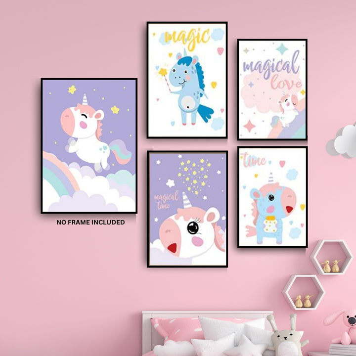 Unicorn-Kids-Wall-Poster-Set-of-5-Cute-Nursery-Room-Wall-Art-for-Girls