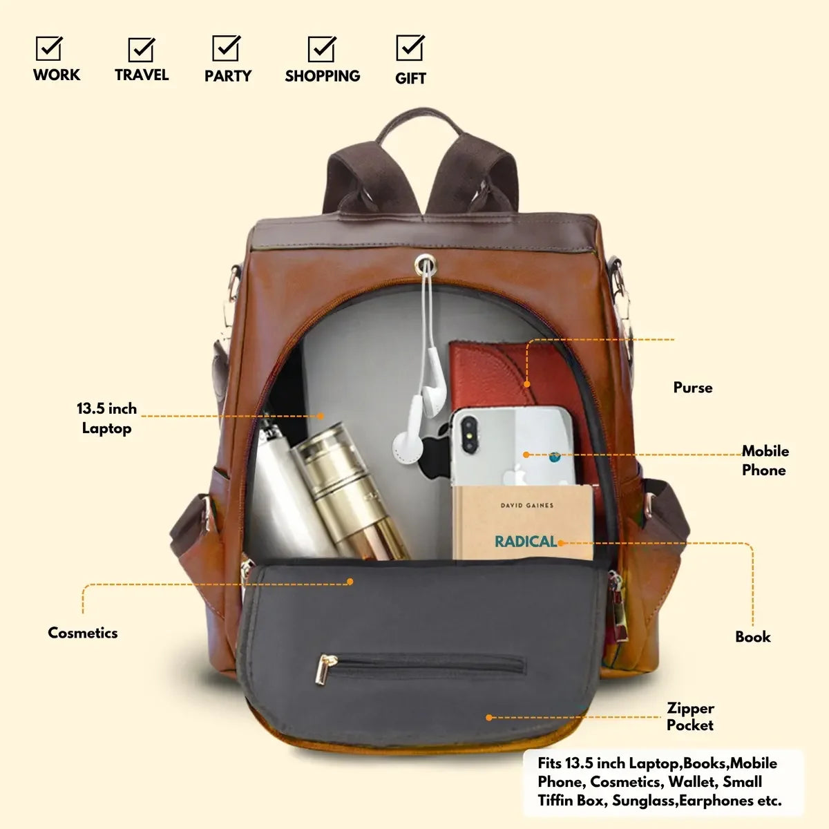 Timeless Aura Women Backpack Handbag - Tan