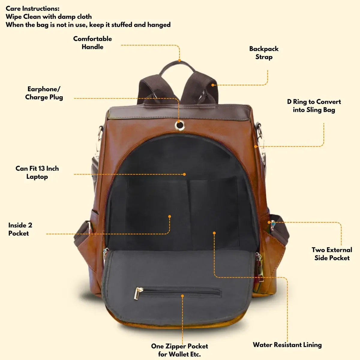 Timeless Aura Women Backpack Handbag - Tan