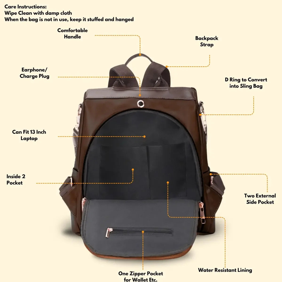 Timeless Aura Women Backpack Handbag - Coffee Brown