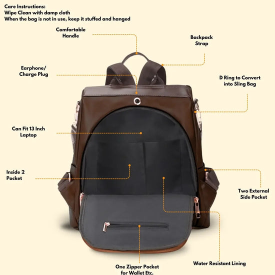 Timeless Aura Women Backpack Handbag - Coffee Brown
