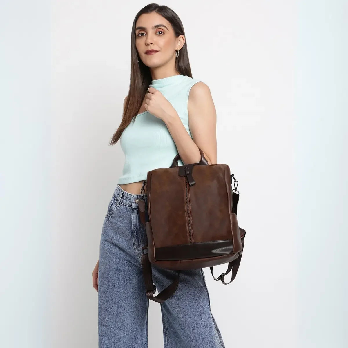 Timeless Aura Women Backpack Handbag - Coffee Brown