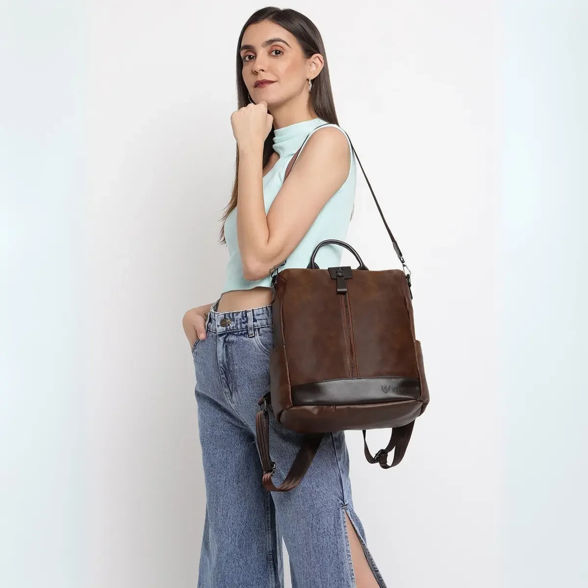 Timeless Aura Women Backpack Handbag - Coffee Brown