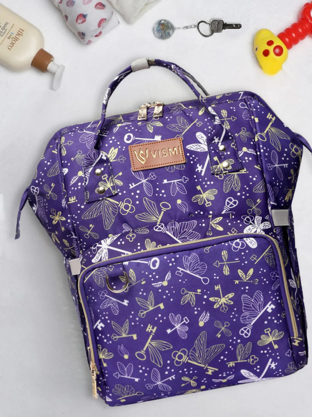 Snappy Zappy Backpack Diaper Bag - Flying Keys Purple