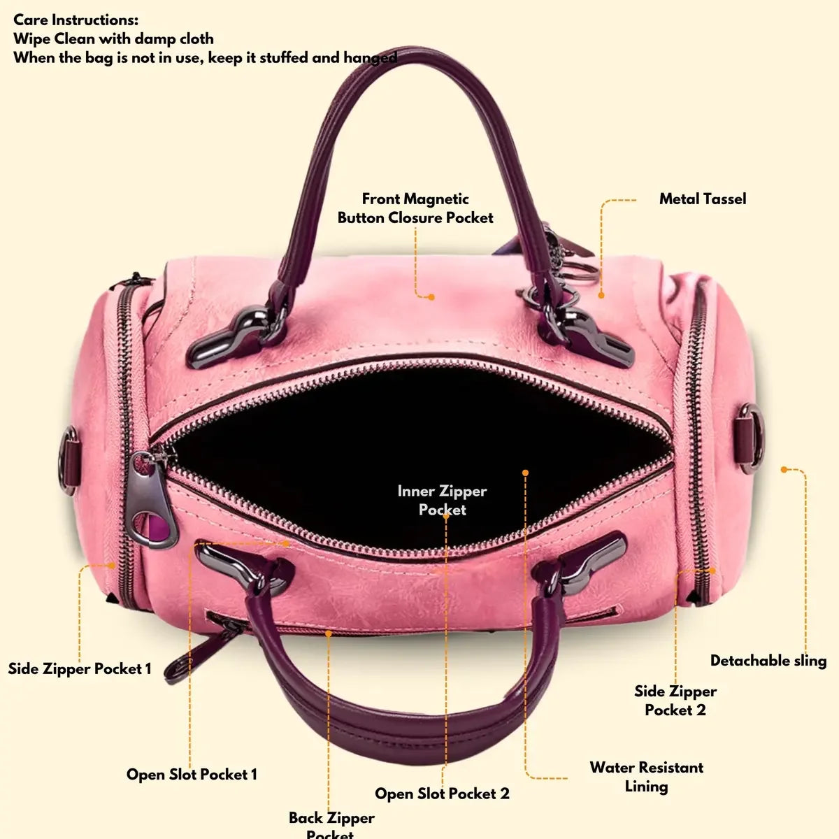 Timeless Mystique Satchel Handbag Blush Pink Interior